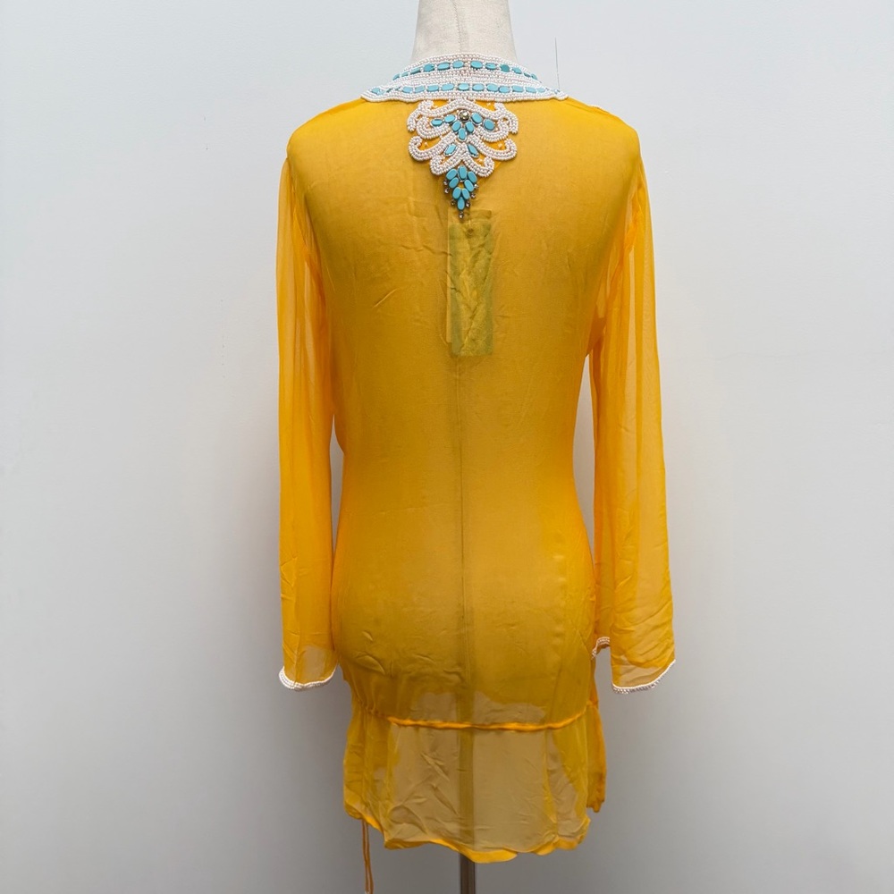 Kareena’s Beaded Tunic Yellow Long Sleeve Coverup Size Medium - Picture 8 of 11